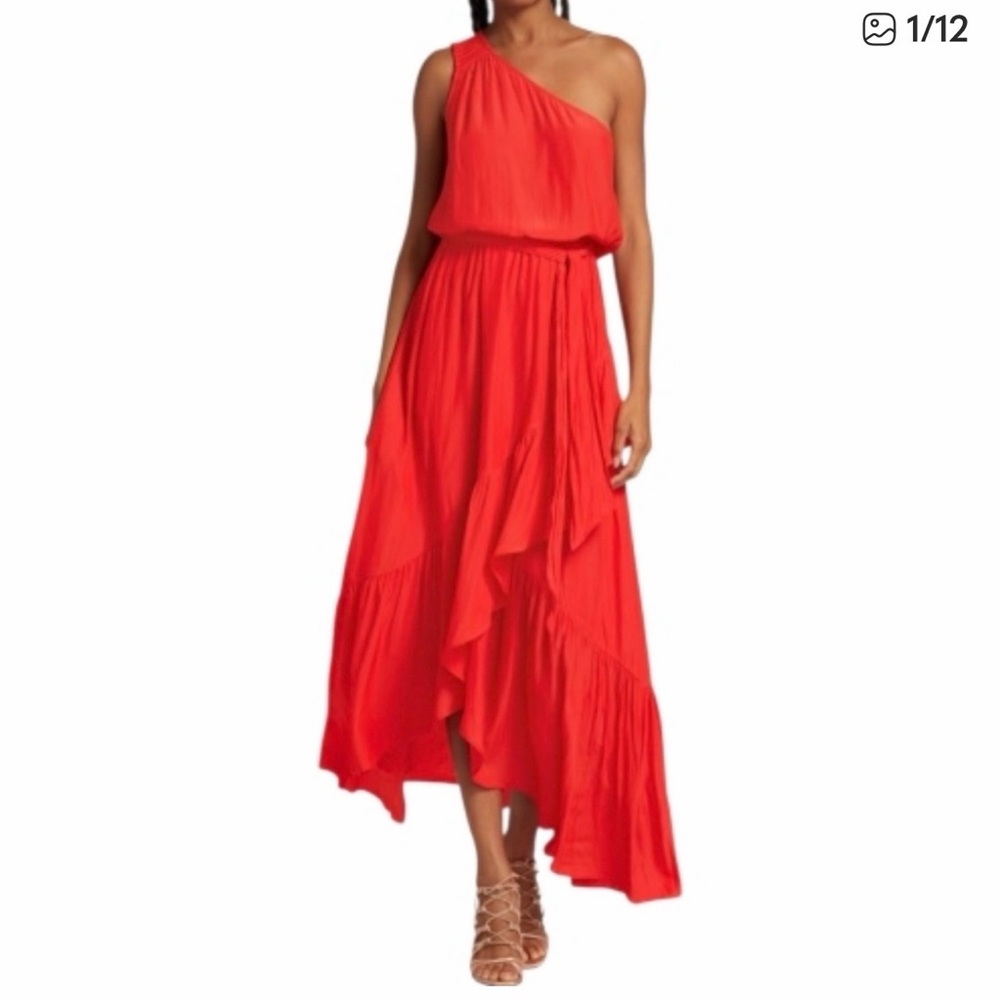 Ramy Brook Nicola Red One Shoulder Asymmetrical Midi Maxi Dress Size L